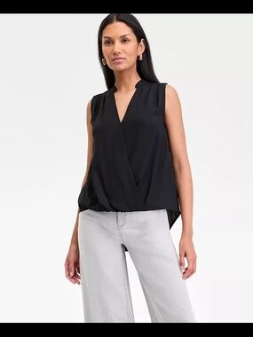 INC International Concepts Black Sleeveless Faux Wrap Crossover Blouse Top Large